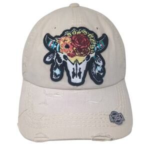 4350 District Beige Baseball Cap OS Bull Skull Floral Patch Distressed Brim Hat